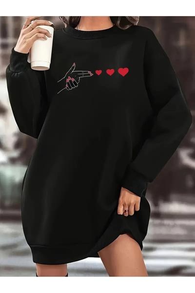 Pink Sky Rochie pentru femei Heart cu imprimeu Black supradimensionat Swea tr...