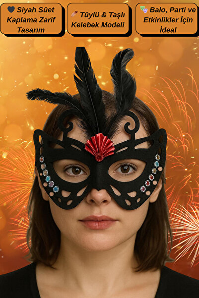 Tamsena Store Siyah Süet Kaplama Tüylü Kelebek Model Parti ve Balo Maskesi