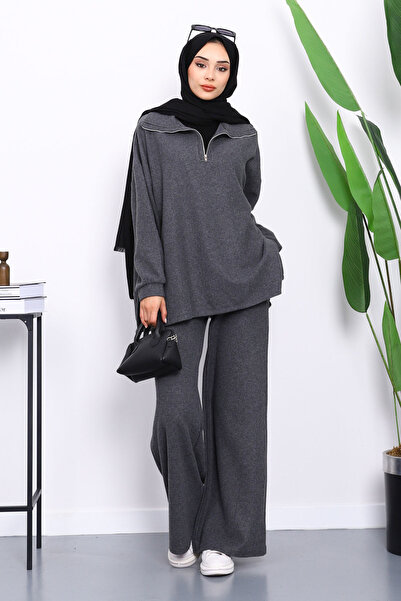 İmajButik Smoked Collar Zippered Tunic with Trousers Corded Fabric Sets