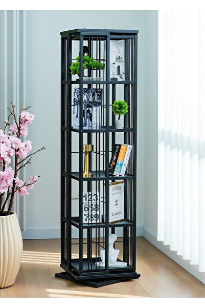 Bye Concept More DEKORATİF SİYAH METAL 360° DÖNER KİTAPLIK 5 RAFLI ÜNİTE ÇOK AMAÇLI SALON OFİS DÜZENLEYİCİ
