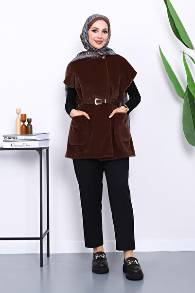 İmajButik Καφέ γιλέκο με τσέπες και ζώνη