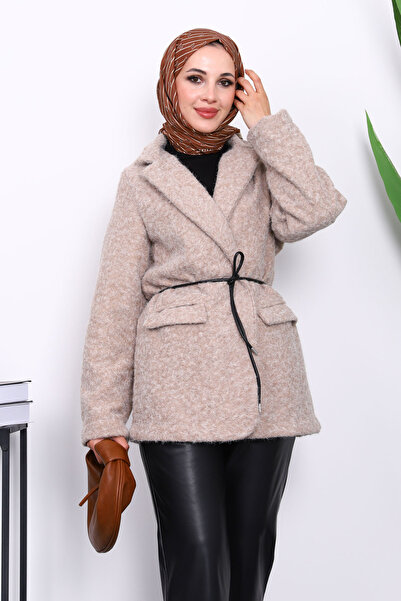 İmajButik Stone Waist-Tied Felt Jacket with Pockets