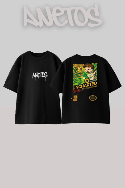 Anetos Uncharted Tasarım Sırt Baskılı Pamuk Siyah Oversize T-shirt