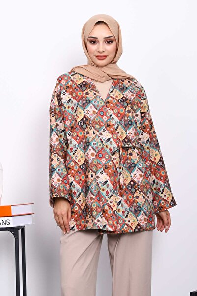 İmajButik Μπουφάν κιμονό με έθνικ σχέδιο σε μπεζ χρώμα