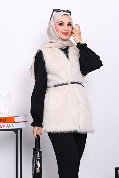 İmajButik Stone Belted Lined Fur Vest