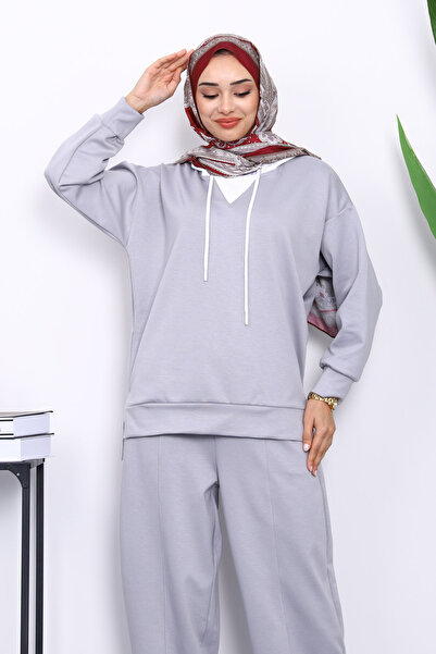 İmajButik Gray Hooded Tunic Pants Set