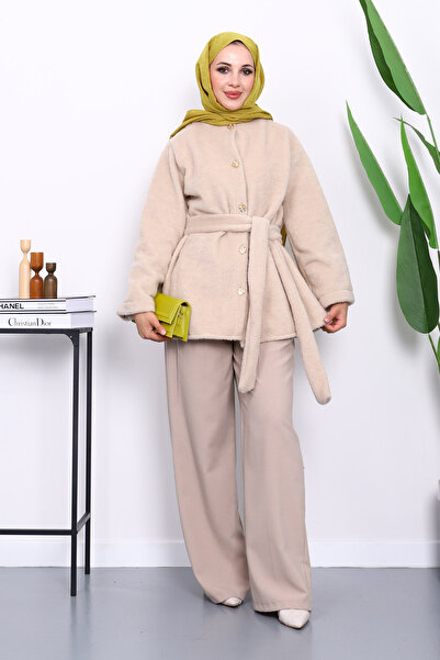 İmajButik Beige Belted Buttoned Cashmere Jacket