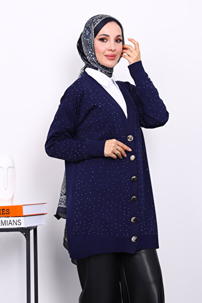 İmajButik Μπλε ναυτικό ζακέτα από πλεκτό νήμα με πέτρες