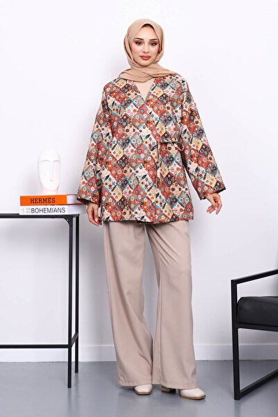 İmajButik Beige Ethnic Patterned Side Tie Kimono Jacket