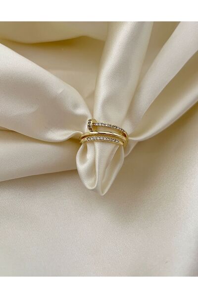 Goche خاتم نسائي ذهبي اللون مرصع بحجر الزركون على شكل صف مزدوج قابل للتعديل