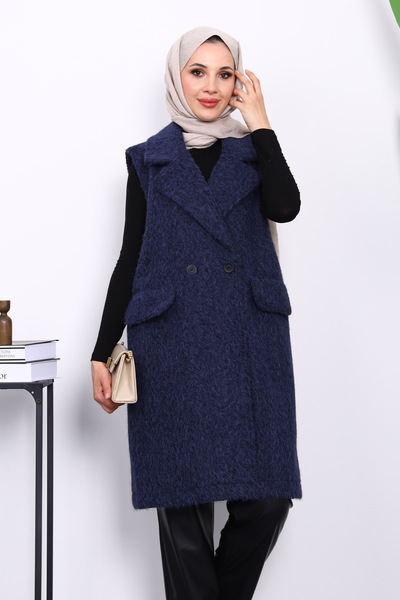 İmajButik Navy Blue Double-Breasted Collar Lined Cashmere Vest