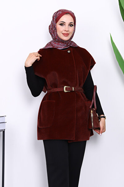İmajButik Burgundy Pocketed Belted Cashmere Vest