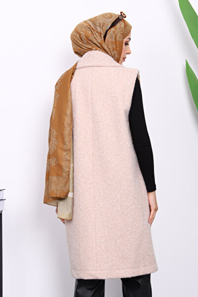 İmajButik Beige Double-Breasted Collar Lined Cashmere Vest