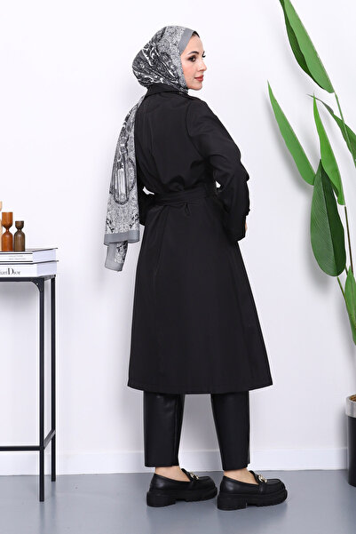 İmajButik Μαύρο καμπαρντίνα με γιακά κραβουζέ και ζώνη με κουμπιά