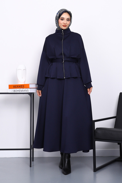 İmajButik Синій піджак з деталями на талії та спідницею, комплект Scuba