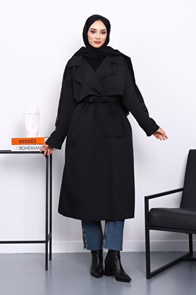 İmajButik Μαύρη καμπαρντίνα με διπλό γιακά με επένδυση