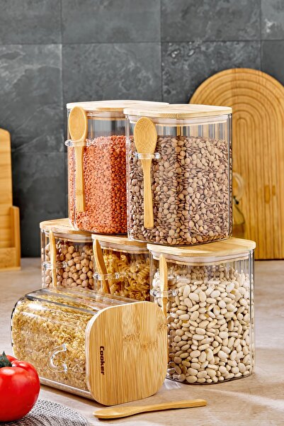 Cooker 6'Lı 1 Litre Bambu Kapaklı Borosilikat Cam Kaşıklı Saklama Kabı Baharat Kavanozu (12x10,2x14,5 Cm)