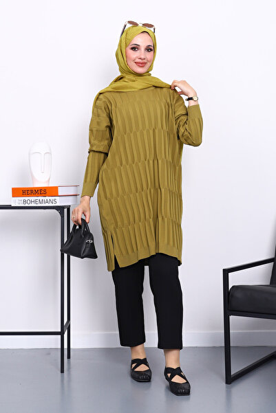 İmajButik Oil Green Cold Thread Mercerized Knitwear Tunic