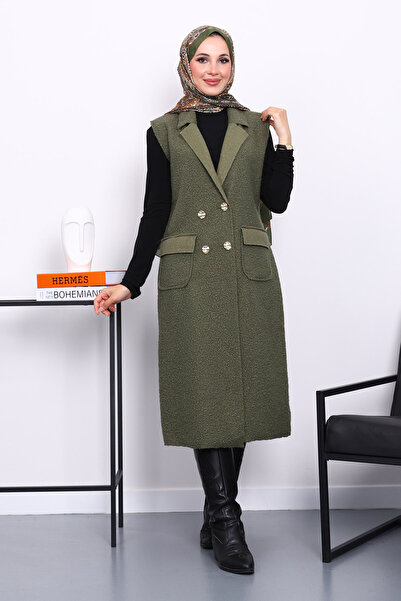 İmajButik Khaki Buttoned Long Boucle Vest