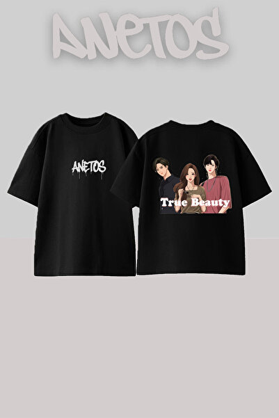 Anetos True Beauty Kdrama Design Rucsac cu imprimeu Bumbac Negru supradimensionat tricou