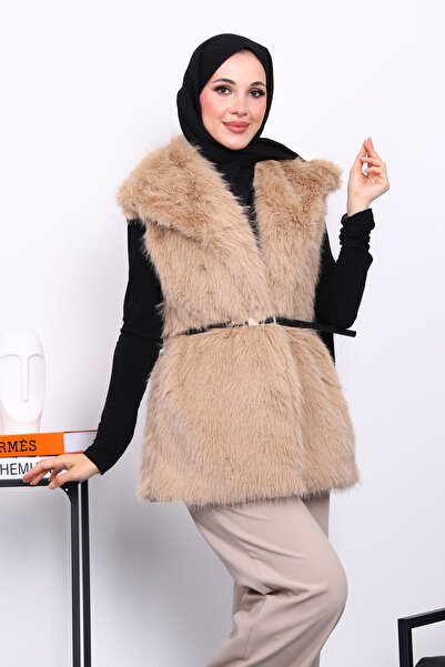İmajButik Biscuit Lined Belted Fur Vest