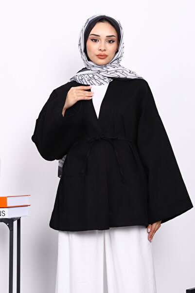 İmajButik Μαύρο παλτό από καμβά με λεπτομέρεια από κορδόνι τσέπης