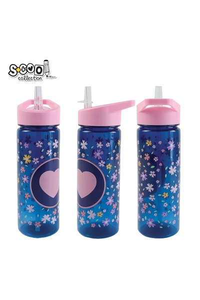 S COOL Μπουκάλι Νερού 600 ml, Πλαστικό, με Καλαμάκι, Ροζ Καρδιά, 23x8.5x6.6 c...