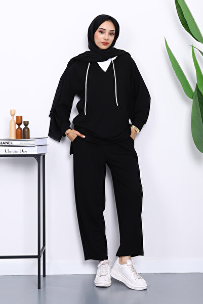 İmajButik Black Hooded Tunic Pants Set