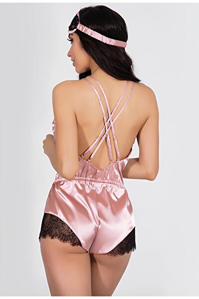 IVYRAE Women's Satin Lace Nightgown Jumpsuit Deep V Neck Adjustable Straps Powder