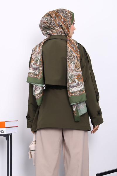 İmajButik Haki Kruvaze Yaka Astarlı Kısa Trençkot