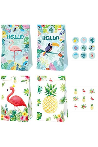 Generic 12Pcs Tropical Hawaiian Party Bags Flamingo Paper Gift Bags with 18Pcs Stickers Party Favor Bags Su