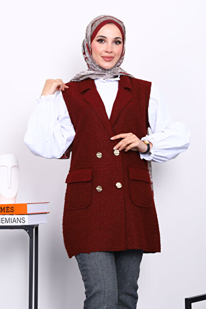 İmajButik Burgundy Buttoned Boucle Vest