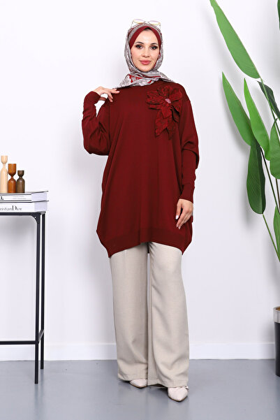 İmajButik تونيك تريكو بتفاصيل زهور من خيوط باردة باللون العنابي