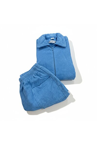 NAİADCOLLECTİONS Havlu Şort Takım Fermuarlı Mavi