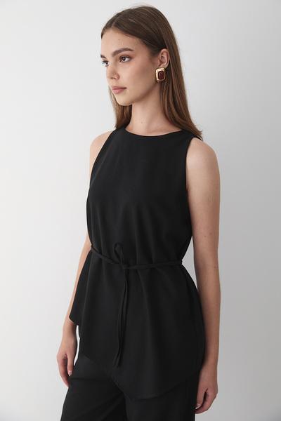 JASTE Women's Black Crew Neck Blouse with Belt Detail & Elastic Waist Pants Top & Bottom Set