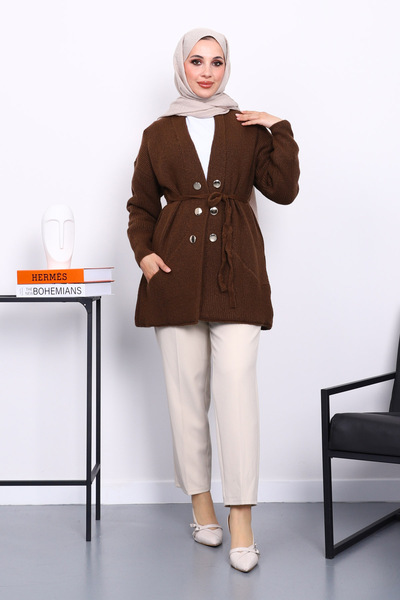 İmajButik Μαλακό πλεκτό ζακέτα με καφέ λεπτομέρεια τσέπης