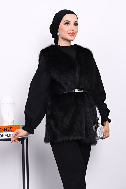 İmajButik Black Belted Lined Fur Vest