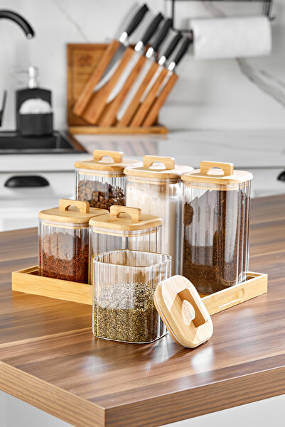 Cooker 6 Parça Standlı Bambu Kapaklı Borosilikat Cam Kare Baharatlık
