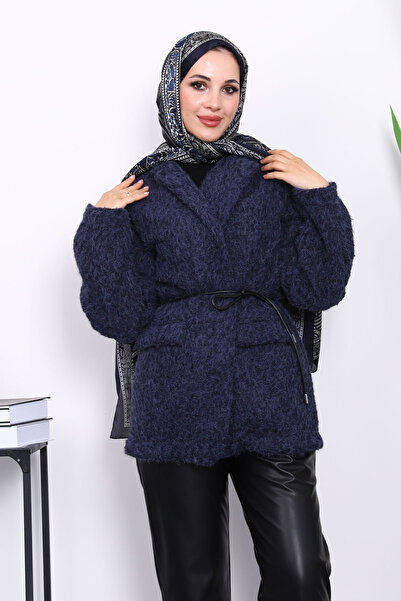 İmajButik Navy Blue Felt Jacket with Tie-Waist and Pockets