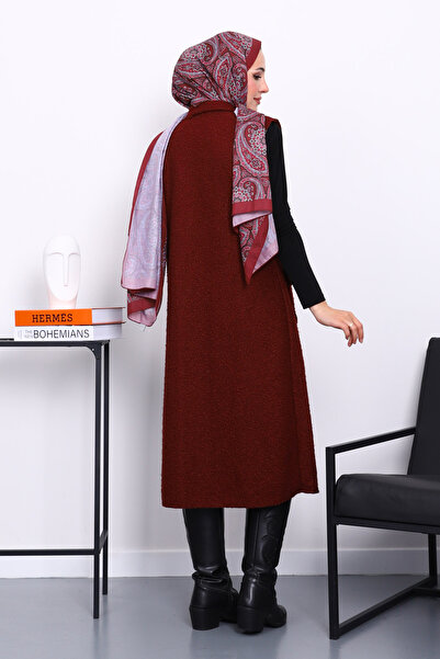 İmajButik Burgundy Buttoned Long Boucle Vest
