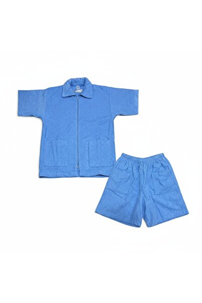 NAİADCOLLECTİONS Havlu Şort Takım Fermuarlı Mavi