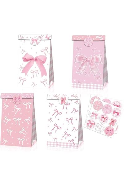 Generic 12-Pack Pink Bow Gift Bags with Stickers – Elegant Party Favor Bags for Candy, Treats, or Snacks, P