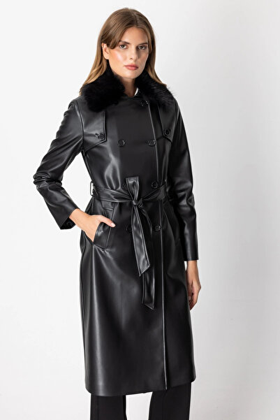 Ekol Yakası Kürklü Deri Trençkot 07007
