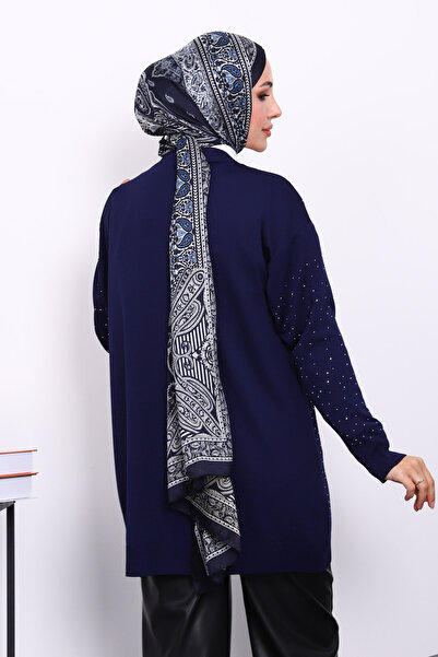 İmajButik Navy Blue Cold Yarn Stone Knitwear Cardigan