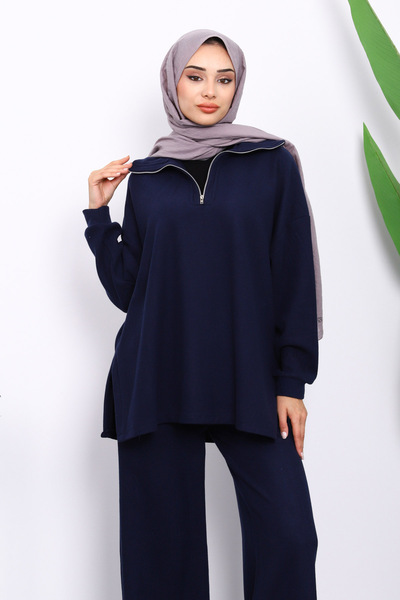 İmajButik Lacivert Yaka Fermuarlı Tunik Pantolonlu Fitilli Takım