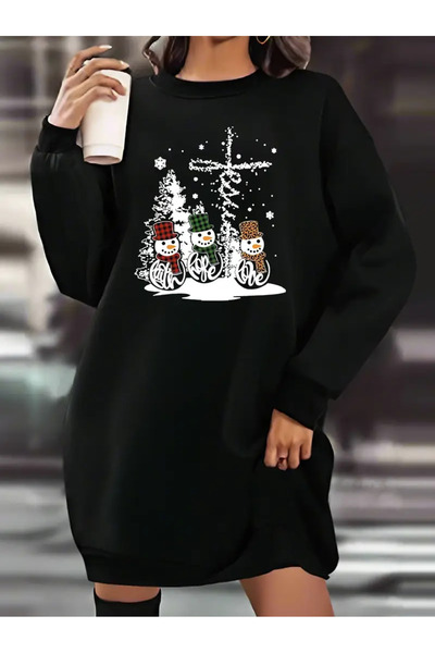 Pink Sky Women's Snowman and Tree Printed Fleece Sweatshirt Dress