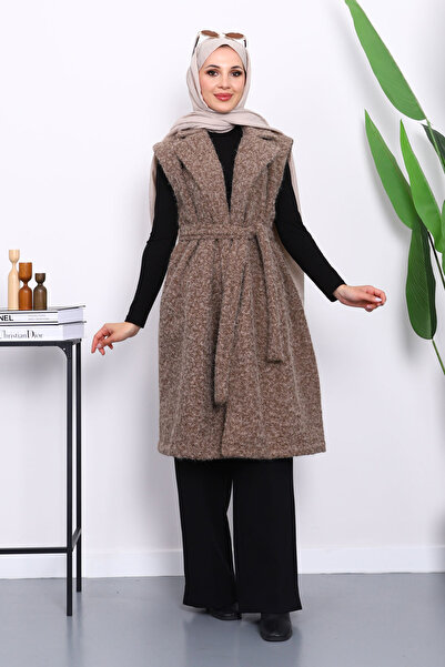 İmajButik Γιλέκο από τσόχα με ζώνη με διπλό πέτο γιακάδες Koyuv Vizon