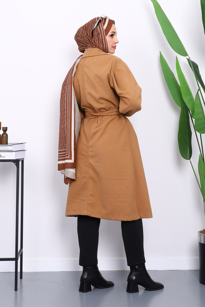 İmajButik Camel Balloon Sleeve Waist Belted Cashmere Coat