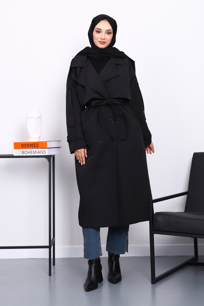 İmajButik Μαύρη καμπαρντίνα με διπλό γιακά με επένδυση