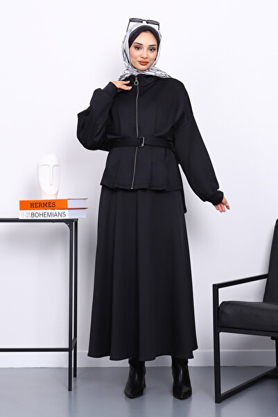 İmajButik Black Waist Detailed Jacket Skirted Scuba Suit